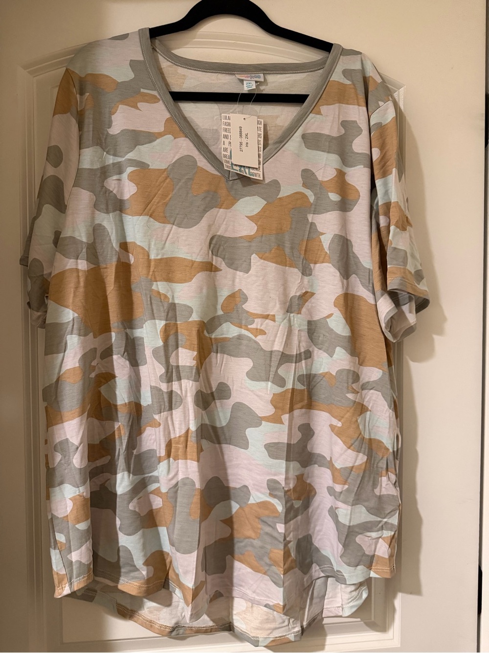 LuLaRoe V-Neck Camo Tee in Sage, Tan & White